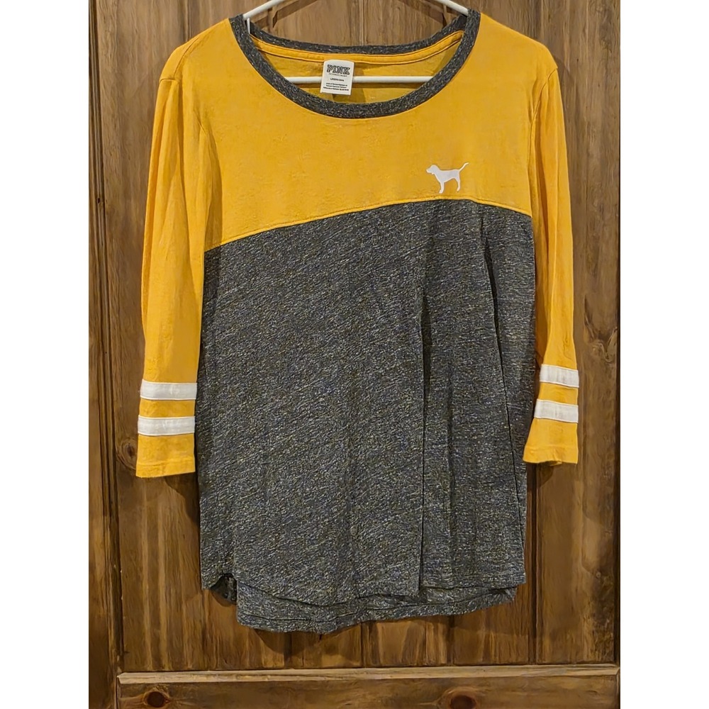 PINK Victorias Secret Yellow White Gray Logo 3/4‎ Sleeve Top, Large